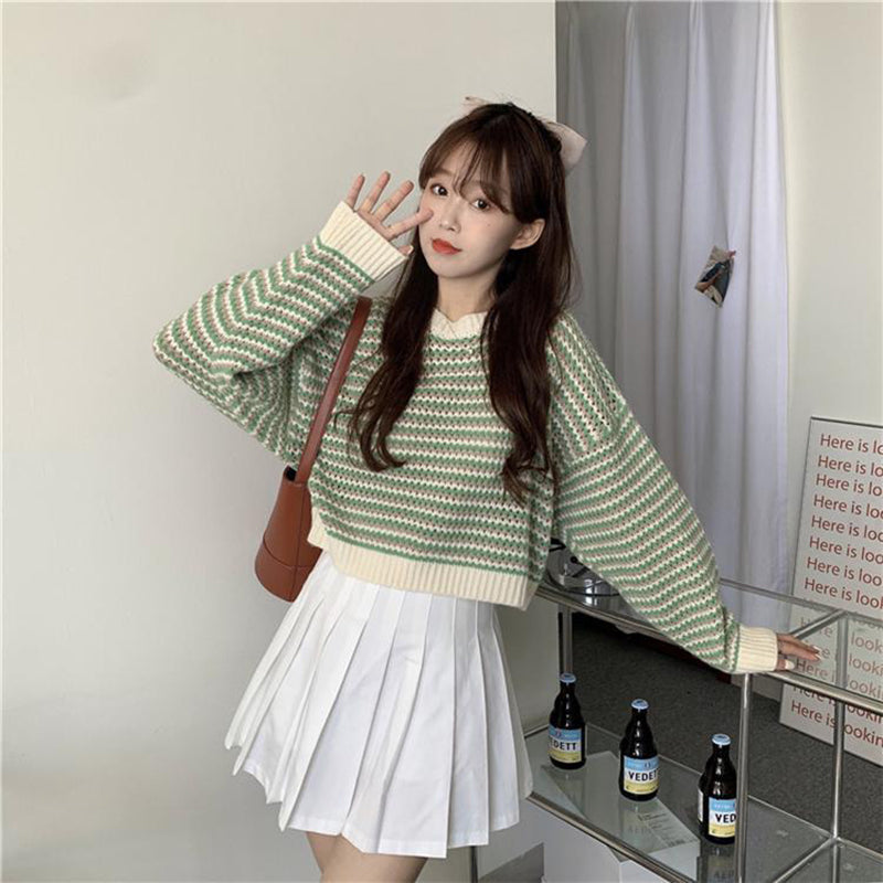 Black Friday Sonicelife Korean Striped Sweater Women Loose Lazy Fall Winter O-Neck Knitted Pullover Harajuku Sweet Pretty Style School Jumpers Tops