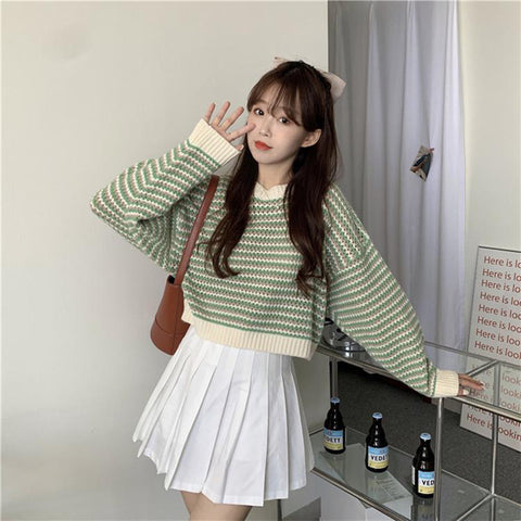 Black Friday Sonicelife Korean Striped Sweater Women Loose Lazy Fall Winter O-Neck Knitted Pullover Harajuku Sweet Pretty Style School Jumpers Tops