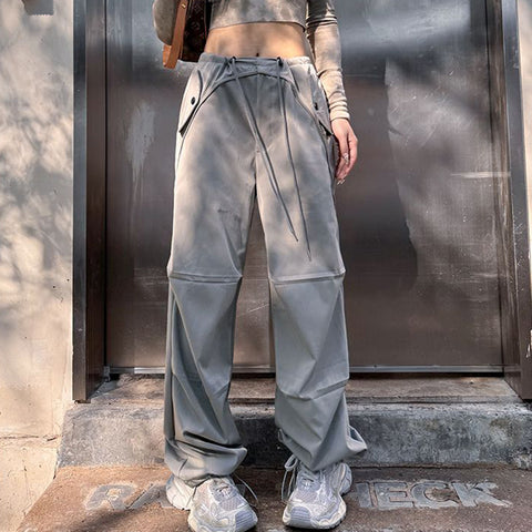 Sonicelife Y2K Aesthetic Cargo Pants Women High Waist Drawstring Casual Straight Pants Vintage Streetwear All Match Wide Leg Trousers
