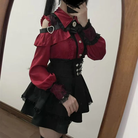 Sonicelife Japanese Black Short Skirt Set Women Sexy Lace Off Shoulder Lolita Shirt Gown Gothic Ruffles Mini Skirts Y2K Aesthetic Suit