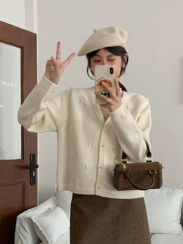 Sonicelife Bow Sweet Women Cardigan Sweaters Japan V Neck Elegant Knitted Coat Fashion Long Sleeve Loose Casual Cute Fall Female Tops