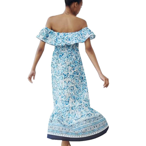 Sonicelife Women's One Line Neck Long Dress with Flower Print Off the Shoulder Slim and Sexy Style New