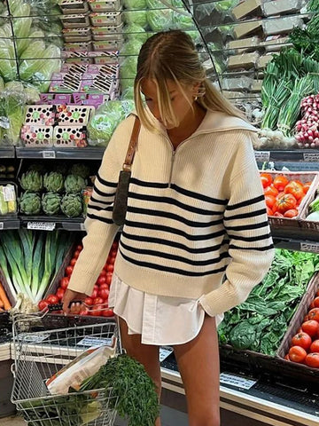 Black Friday Sonicelife Casual Knitted Zipper Striped Sweaters Women Loose Solid Lapel Long Sleeve Sweater Jacket Female Autumn Versatile Daily Outwear