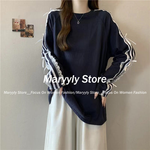 Sonicelife Sweet Loose Long Sleeve Patchwork Lace Tops Harajuku High Street Korean All Match Oversieze Women Clothing Y2k Aesthetic Tees
