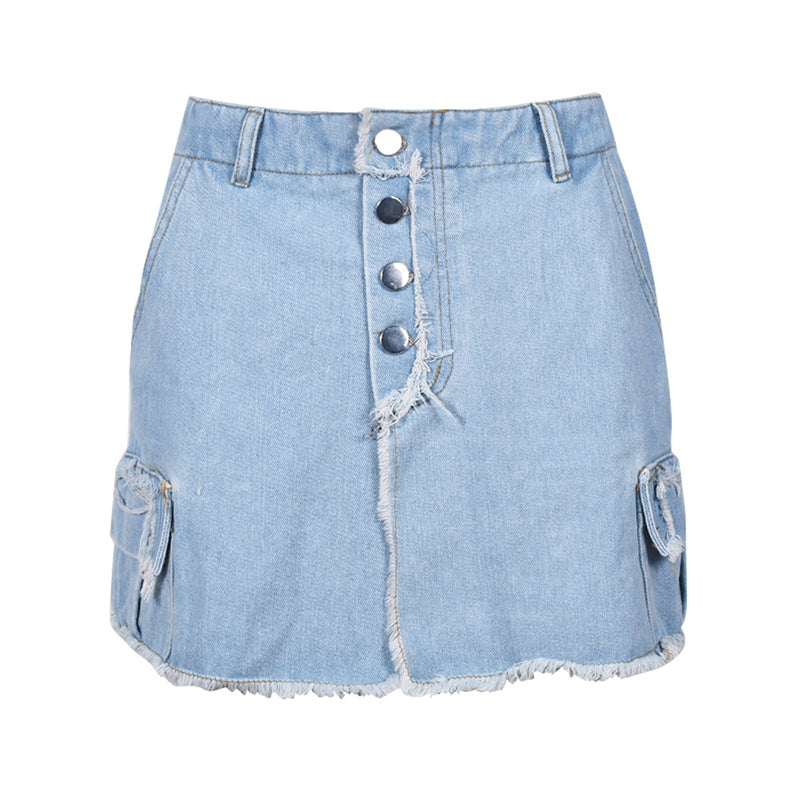 Sonicelife Fashion High Split Button Denim Skirts Women Denim Blue Multi Pockets Mini Skirts Streetwear Lady Fringe Bodycon Skirts Summer