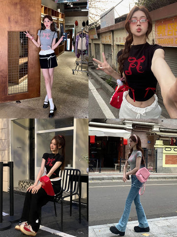 Sonicelife Bow Print Basic Casual T Shirts Woman Summer Slim Bodycon Fit Spicy Girl Short Sleeve Y2k Crop Tops Korean Fashion Tees Chic