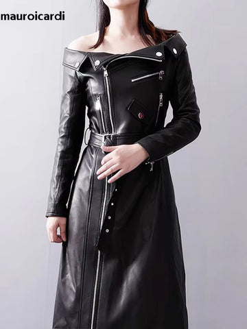 christmas outfit Sonicelife Spring Autumn Black Pu Leather Maxi Biker Dress Women Zipper Belt Elegant Luxury Designer Off Shoulder Clothes 2025