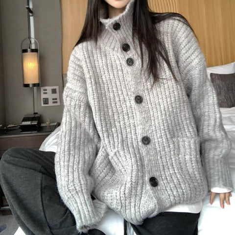 Black Friday Sonicelife Loose Lazy Sweater Women Twist Fashion Knit Autumn Winter Warm Cardigan Harajuku Stand Collar Gray Vintage Female Jumpers