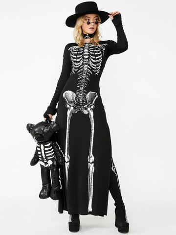 Sonicelife Halloween Dark Gothic Dress Women Streetwear Punk Y2k Skull Printed Long Sleeve O-neck Split Midi Dress Cosplay Clubwear