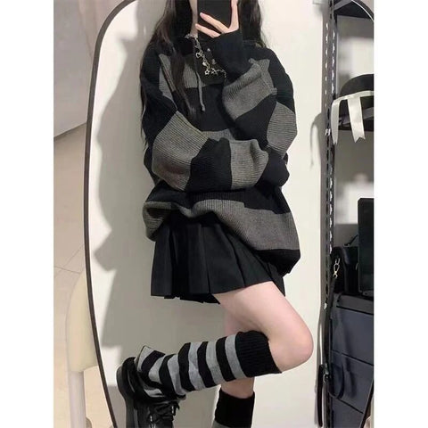 Sonicelife Streetwear Striped Sweater Women Oversized Knitted Pullovers Harajuku Korean Loose Knitwear Winter Fashion Casual Jumpers New