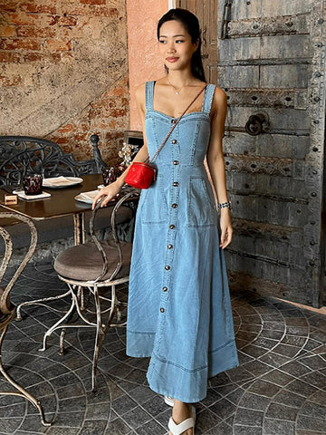 Sonicelife Fashion Denim Single Breasted Strap Dress Women V-neck Sleeveless Backless Pocket Spliced  Dresess 2024 Summer Lady Casual Robes