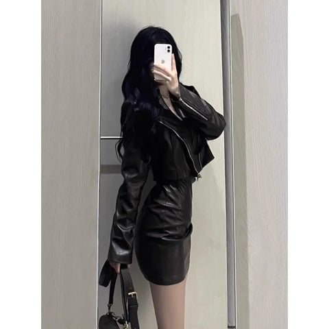 thanksgiving outfit Sonicelife 2024 Spring Autumn New Women's Cropped Leather Jacket Tank Dress Slimming Bodycon Skirt Trendy Fashionable