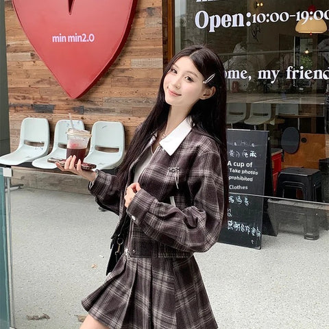 thanksgiving outfit Sonicelife 2024 Autumn New Women's Plaid Jacket And Skirt Set Chic Vintage Simple Style With Leather Belt Fashion Dress Outfit