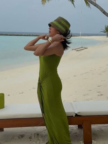 Sonicelife Elegant Pleated Backless Sleeveless Maxi Dress Sexy Green Open Fork Slim Fit Dresses New Lady Summer Vacation Party Robes 2025