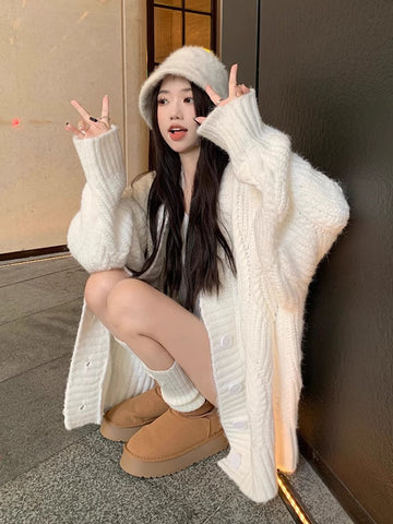 Sonicelife Lazy Wind Streetwear Cardigan Sweaters Women Oversize Long Sleeve Vintage Knitted Coat Fall Loose Korean Casual V Neck Tops