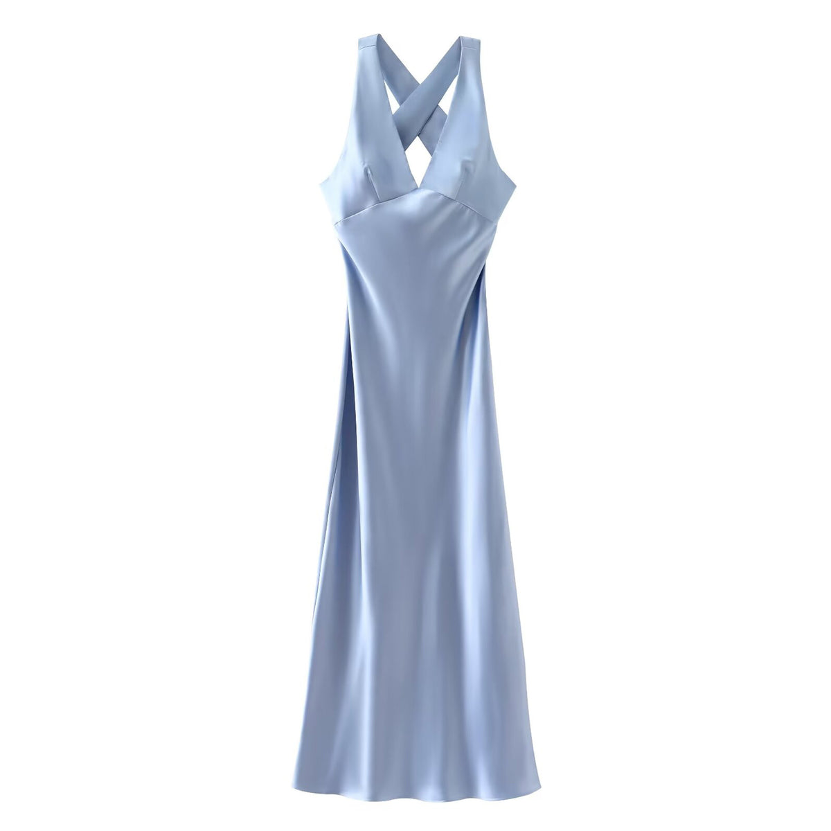 Sonicelife Women's Silk Satin Dress with V-neck Cross exposed Back Fashionable and Sexy Temperament Midi Suspender Long Skirt Silk Like New