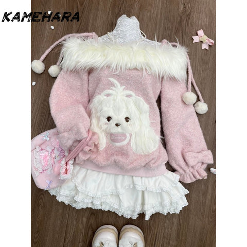 Sonicelife Japanese Sweet Pink One Shoulder Long Sleeve Hoodie Subculture Millennium Folded Cake Skirt Spring Y2K Two Piece Sets