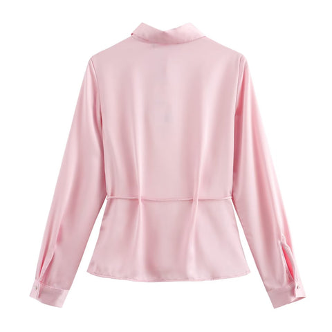 Sonicelife Women's Long Sleeve Single Breasted Top Waistband Decoration Silk Satin Texture Sweet Temperament New Shirt