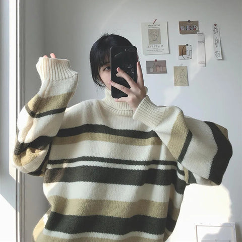 Black Friday Sonicelife Zoki Turtleneck Sweaters Women Vintage Striped Fall Winter Casual Thicken Warm Preppy Pullovers Baggy All Match Knitwear Jumper