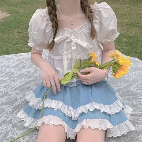Sonicelife Kawaii Lace Skirt Cute Hot Girl Clothing Summer Cake skirt Casual Loose Korea Blue 2000s Sweet Women Skirts Low-waist Y2k Skirts