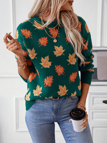 christmas outfit Sonicelife Long Sleeves Loose Contrast Color Jacquard Knitted Leaves Split-Joint Round-Neck Pullovers Sweater Tops