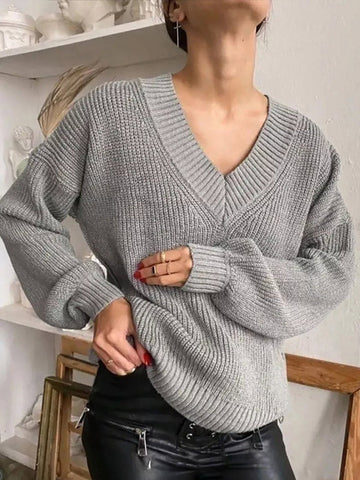 Black Friday Sonicelife Casual Knitted V-neck Sweaters Women Vintage Loose Solid Thin Pullover Sweater Female Autumn Soft Chic Daily Street Outwear