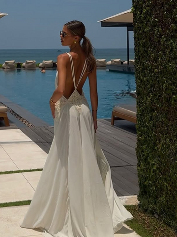 Sonicelife Summer Elegant V Neck White Maxi Dress For Women Fashion See Through Sling Long Dresses New Lady High Street Holiday Robes 2025