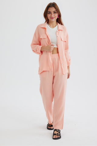 Sonicelife-Long Sleeve Pocketed Slit Shirt Long Pants Suits