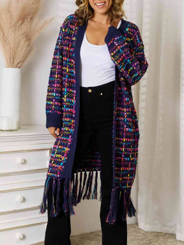 Sonicelife-Boho Multicolor Fringe Hem Longline Cardigan