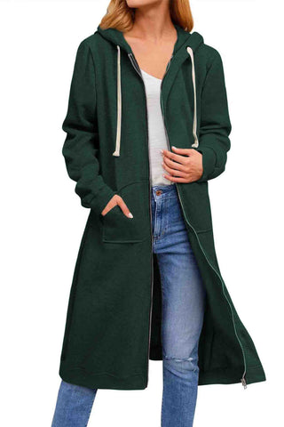 Sonicelife Solid Zip Up Drawstring Hooded Long Cardigan