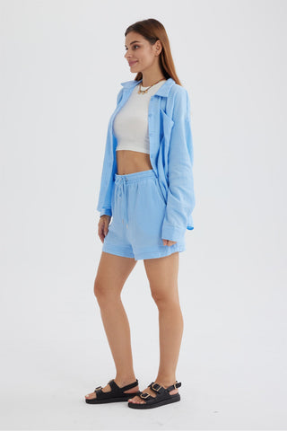 Sonicelife-Long Sleeve Solid Color Shirt Shorts Set