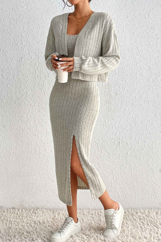 Sonicelife-Long Sleeve Cami Dress Cardigan knitted Set