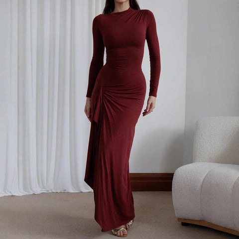 Sonicelife Elegant Ruched Long Party Dress Women Bodycon O-neck Full Sleeve Package Hip Female Dresses 2024 Autumn Lady Sexy Wine Red Robes