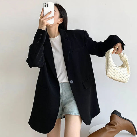 Sonicelife Gray Suit Jacket Women Autumn New Loose Long Sleeve Fashion Coat Chic Basic Simple Korean Office Ladies High Street Jacket