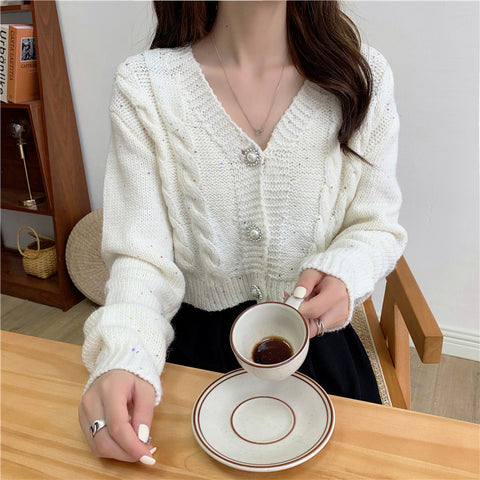 Sonicelife Chic Pearl Buttons Cardigan Women Sweet Long Sleeve Cropped Elegant Knitted Sweaters Coat Korean Long Sleeve White Cardigan