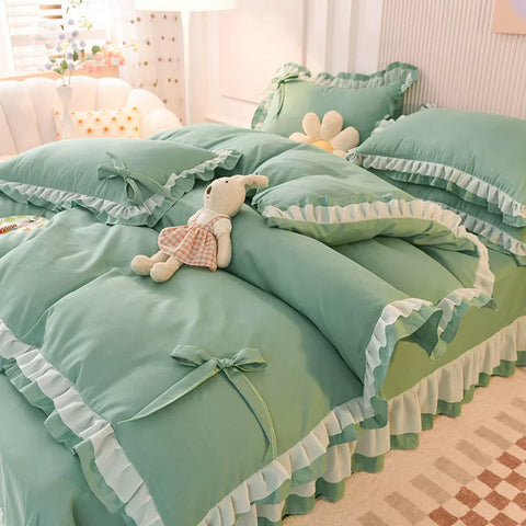 Sonicelife Green Bedding Sets Kawaii Seersucker Bed Sheet Pillowcase Fashion Girl Princess Duvet Cover 4 Pieces Cute Home Decoration