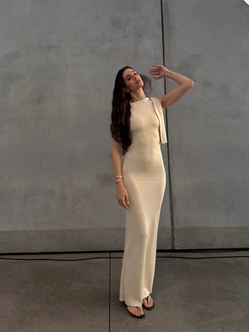 Sonicelife New Elegant Lace Up White Long Dress Lady Summer Sleeveless Round Neck Bodycon Maxi Dresses 2025 Summer Lady Holiday Club Robes