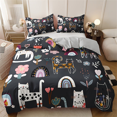 Sonicelife 3pcs Cat & Floral Print Bedding Set - Includes 1 Duvet Cover and 2 Pillowcases, Breathable Polyester, Machine Washable - Perfect