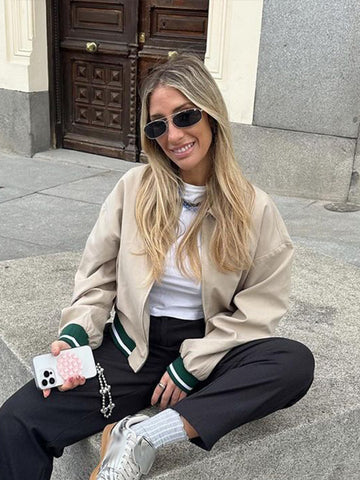 Sonicelife Loose Zipper Bomber Jackets Women Fashion Contrast Lapel Long Sleeve Pockets Female Short Coats 2024 Autumn Lady Casual Outwear