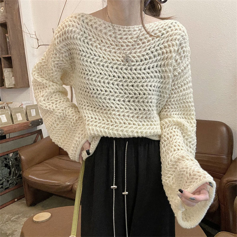 Black Friday Sonicelife Sexy Hollow Out Knit Sweater Women Y2K Korean Loose Long Sleeve O Neck Pullovers Autumn Thick Warm Solid All Match Jumpers New