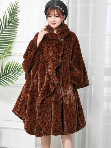 christmas outfit Sonicelife Autumn Winter Long Oversized Warm Colorful Leopard Print Pleated Faux Fur Coat Women Ruffled Collar European Fashion