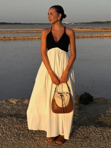 Sonicelife Women Contrasting V Neck Sling Dress Elegant Sleeveless Backless Lace Up High Waist Vestidos New Summer A-line Long Dresses 2025