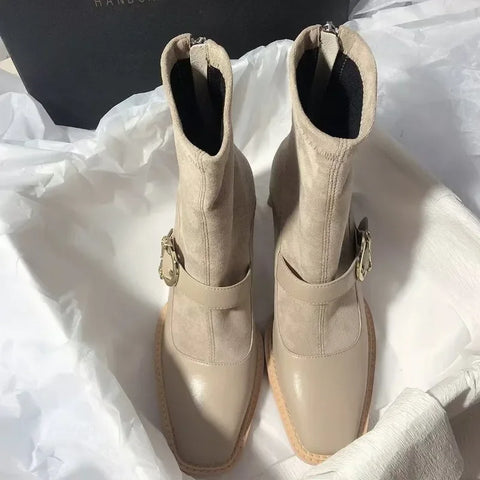 Sonicelife Suede Women Chunky Ankle Boots Mid Heels Fashion Leather Shoes  2025   Trend Goth Chelsea Boots Pumps New Muejr Snow Botas