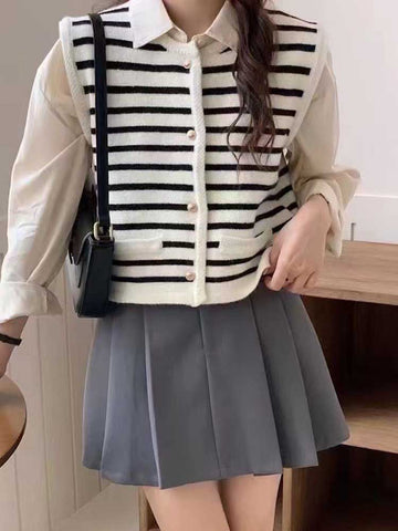 Sonicelife Vintage Striped Cardigan Vest Women Casual Harajuku Y2k Knitted Sweater Vest Fall Female Retro Korean Single Breasted Tops