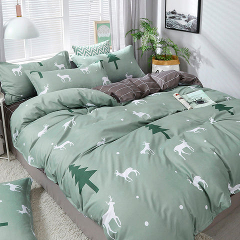 Sonicelife Christmas Bedding Set Flat Sheet Duvet Cover Pillowcase Combination Green Tree Flower Home Textile Bed Linen Fashion