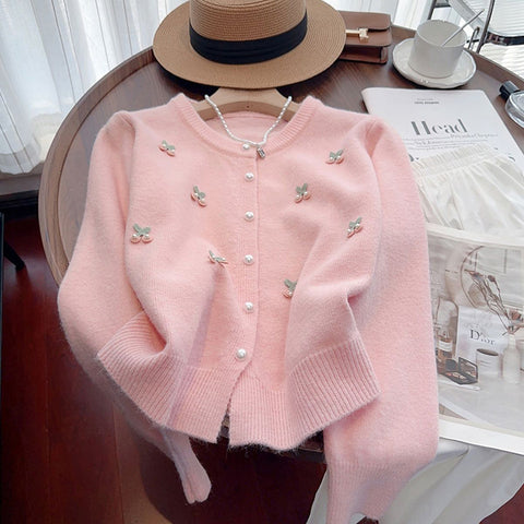 Black Friday Sonicelife Sweet Knitted Cardigan Women Pink 3D Chelsea Pearl Button O-Neck Chic Sweater Fashion Pretty Style Gentle Korean Tops