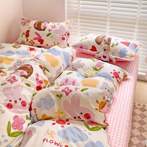 Sonicelife 2024 New Kawaii Duvet Cover Flat Sheet Pillowcases Kit No Filling Twin Single Queen Size Kids Adult Bedding Set Ins Style