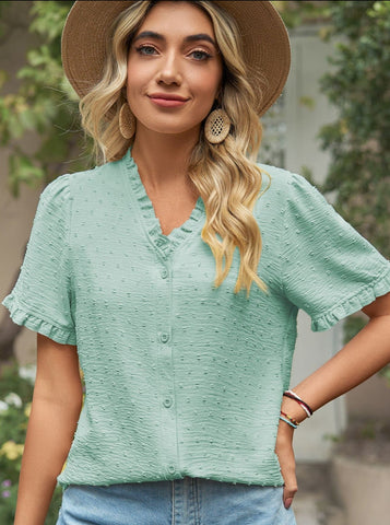 Sonicelife-Casual Chiffon Button Up V-Neck Blouse