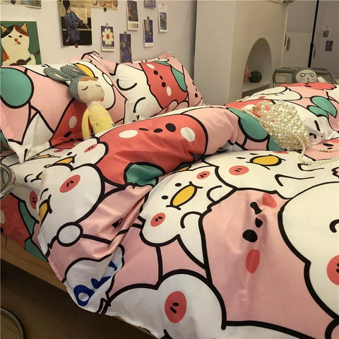 Sonicelife Ins Pink Cute Duck Cartoon Fruit Printed Bedding Set Soft Queen King Size Flat Bed Sheet Quilt Cover Pillowcase Kawaii