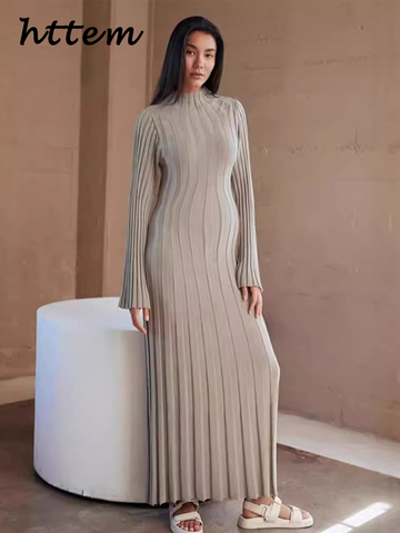 Sonicelife Elegant Knit Ribbed Long Dress Women Solid Half High Collar Flare Sleeve Pleated Party Dresses 2024 Autumn Lady Straight Gown